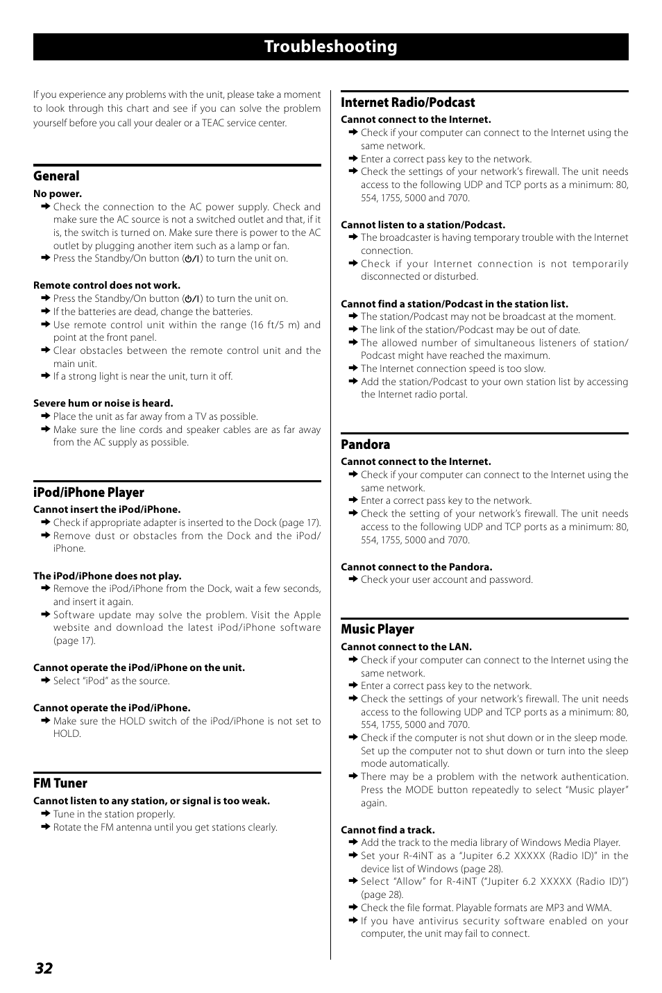 Specifications, Troubleshooting, General | Ipod/iphone player, Fm tuner, Internet radio/podcast, Pandora, Music player | Teac R4-INT User Manual | Page 32 / 36