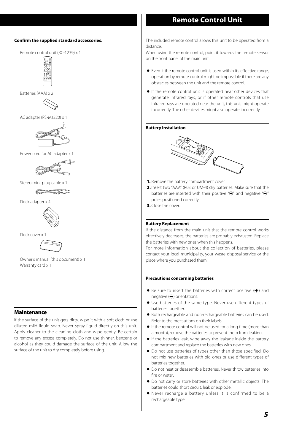 Remote control unit, Connection, Maintenance | Teac R4-INT User Manual | Page 5 / 36