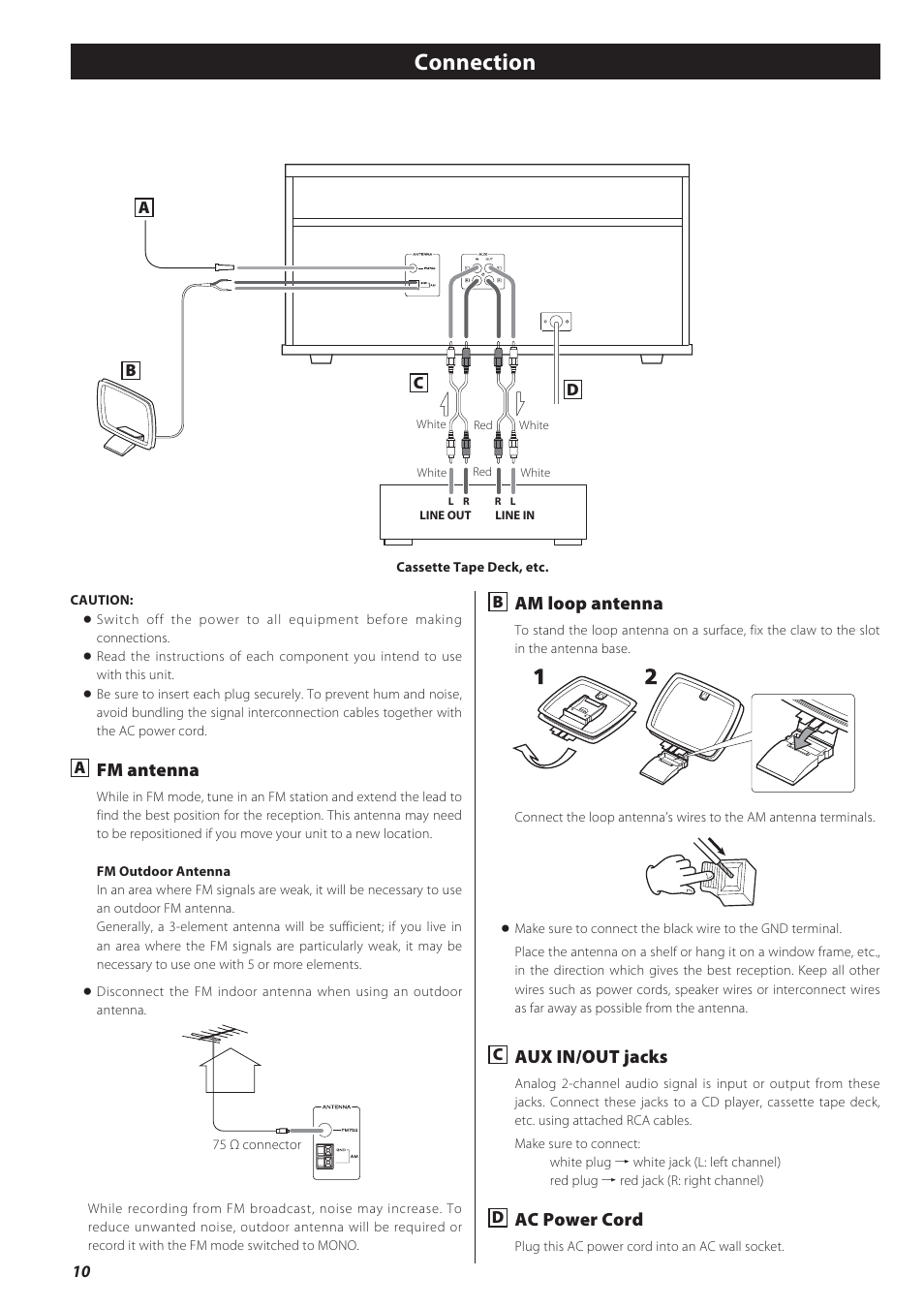 Connection, Fm antenna, Am loop antenna | Aux in/out jacks, Ac power cord | Teac GF-550 User Manual | Page 10 / 96