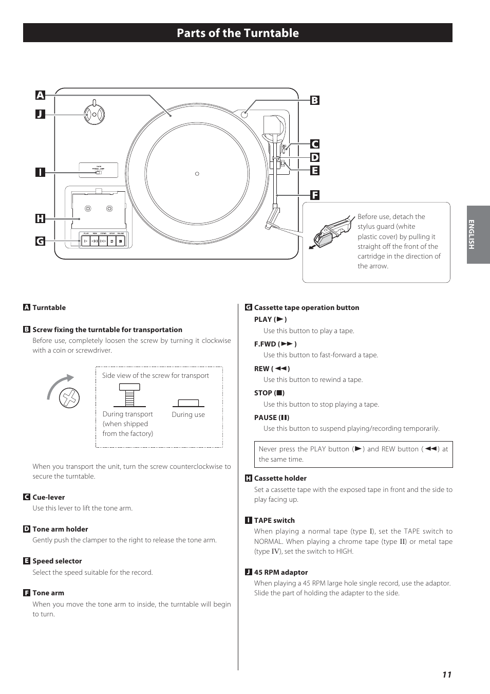 Parts of the turntable | Teac GF-550 User Manual | Page 11 / 96