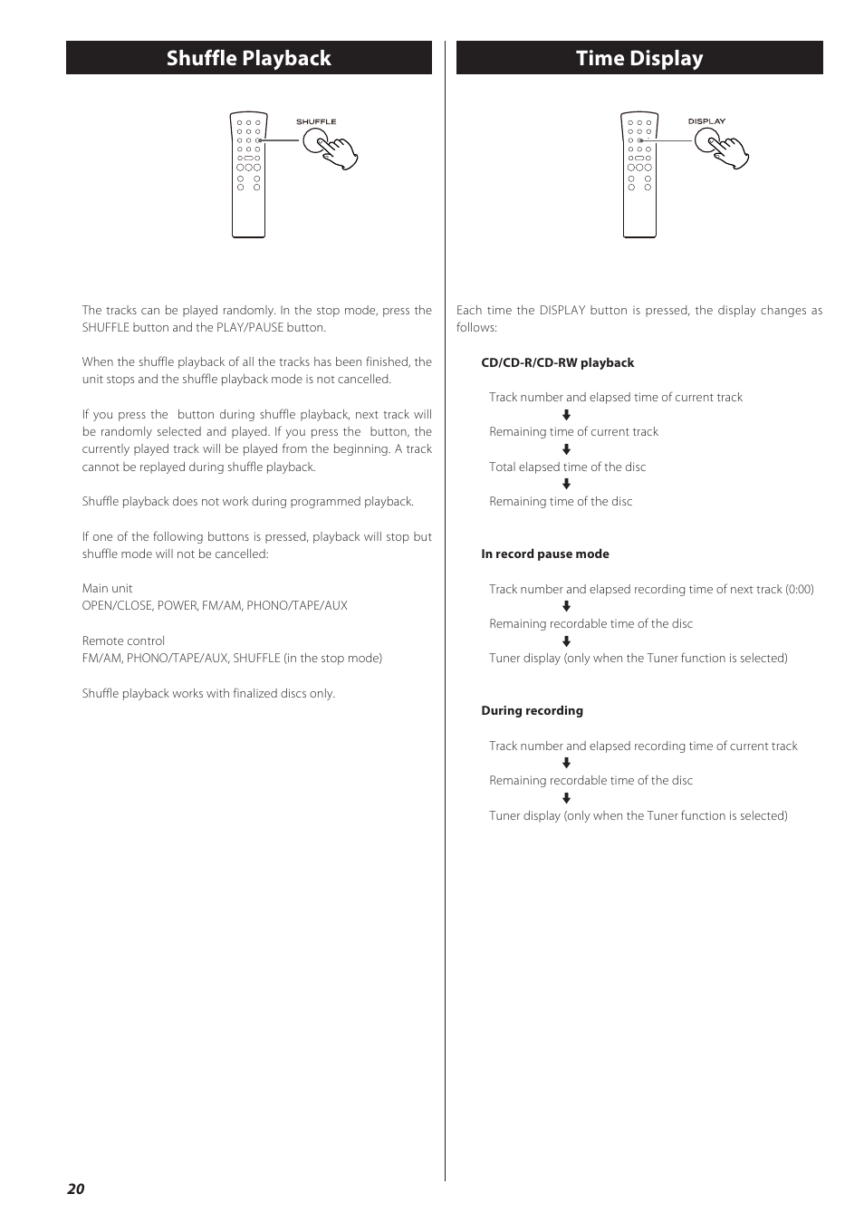 Shuffle playback, Time display, Time display shuffle playback | Teac GF-550 User Manual | Page 20 / 96