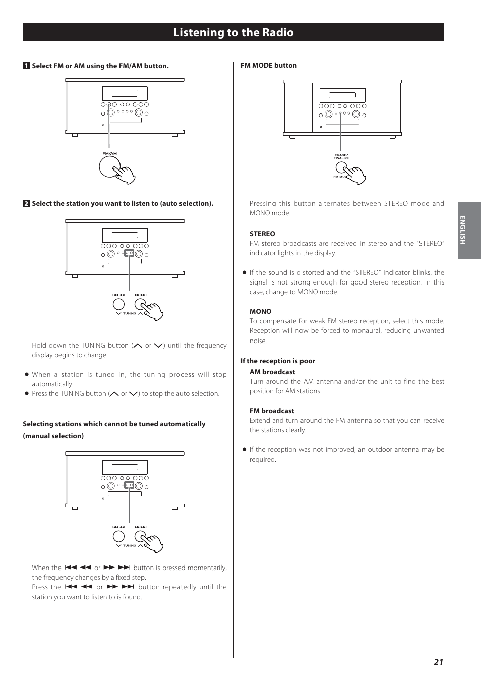 Listening to the radio | Teac GF-550 User Manual | Page 21 / 96