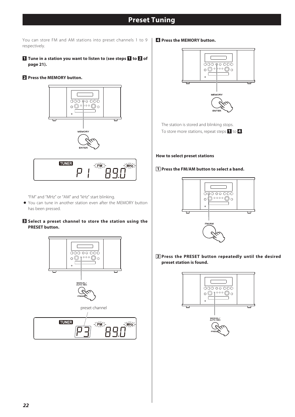 Preset tuning | Teac GF-550 User Manual | Page 22 / 96