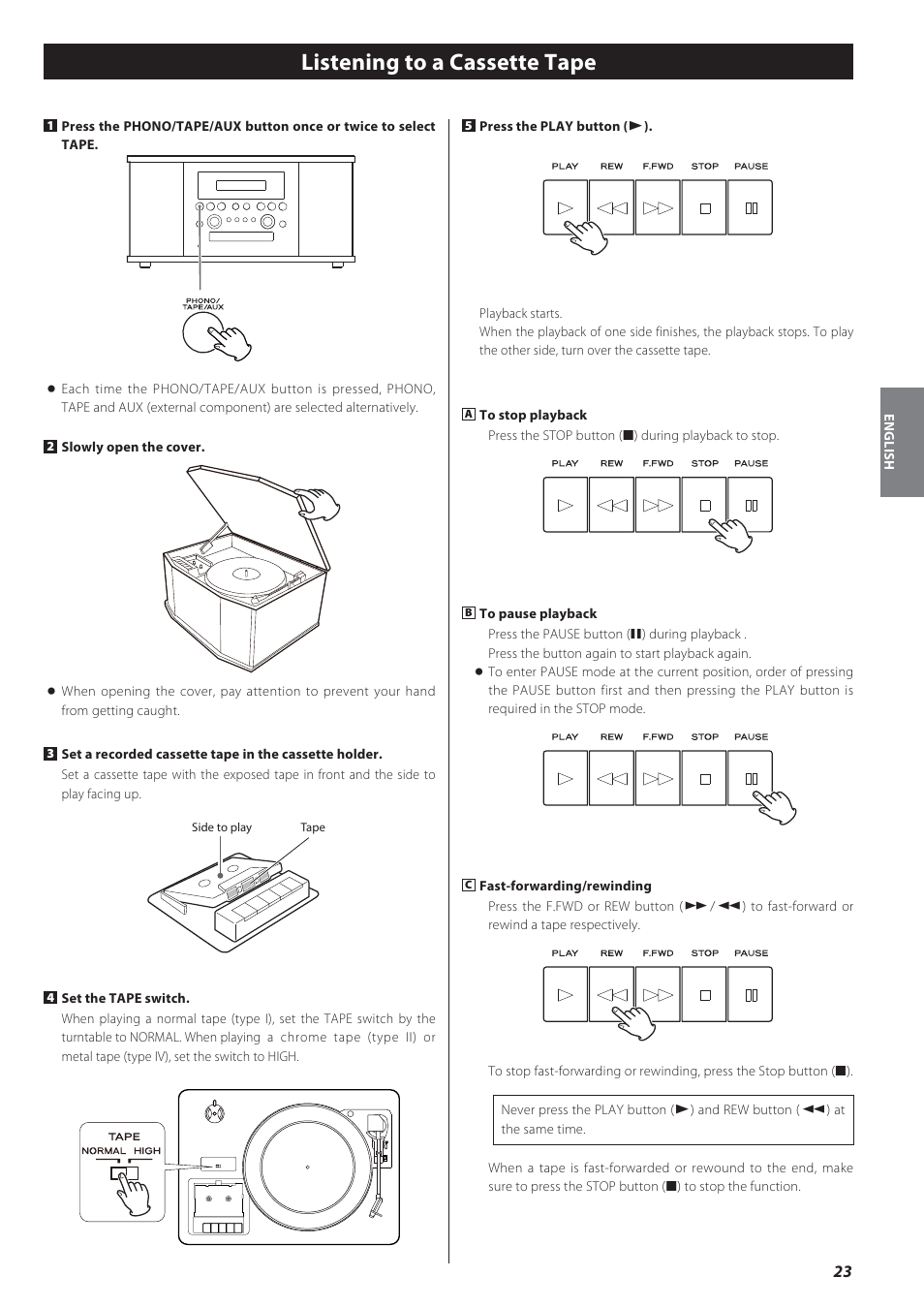 Listening to a cassette tape | Teac GF-550 User Manual | Page 23 / 96