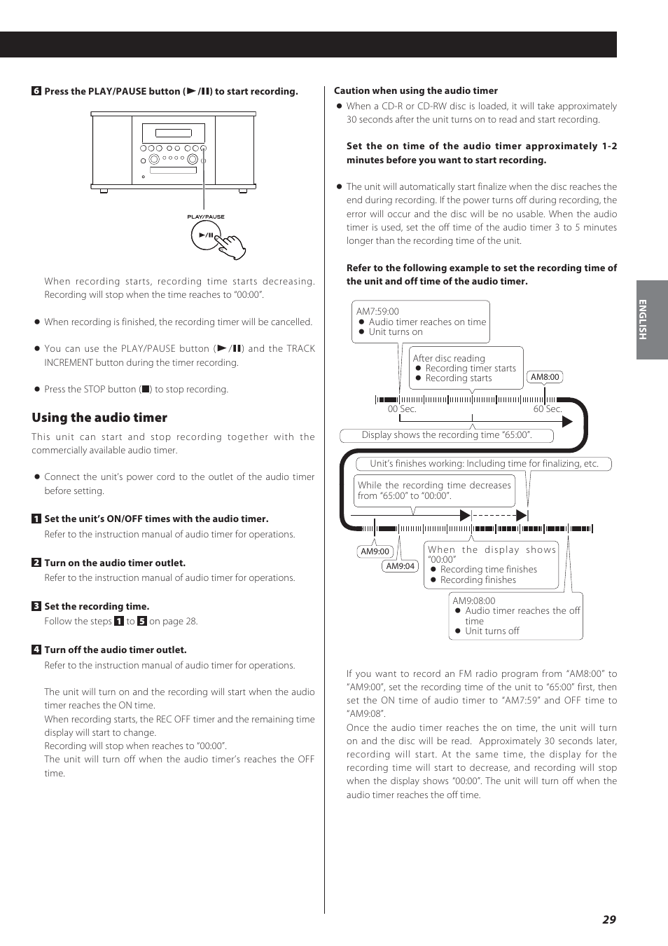 Using the audio timer | Teac GF-550 User Manual | Page 29 / 96