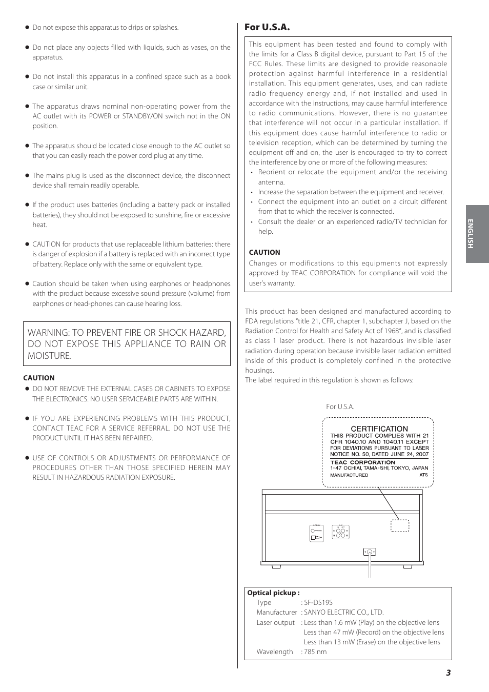 For u.s.a | Teac GF-550 User Manual | Page 3 / 96