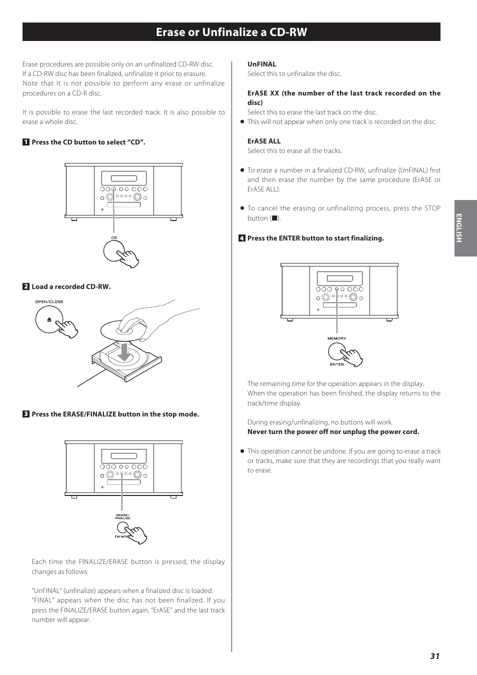 Erase or unfinalize a cd-rw | Teac GF-550 User Manual | Page 31 / 96