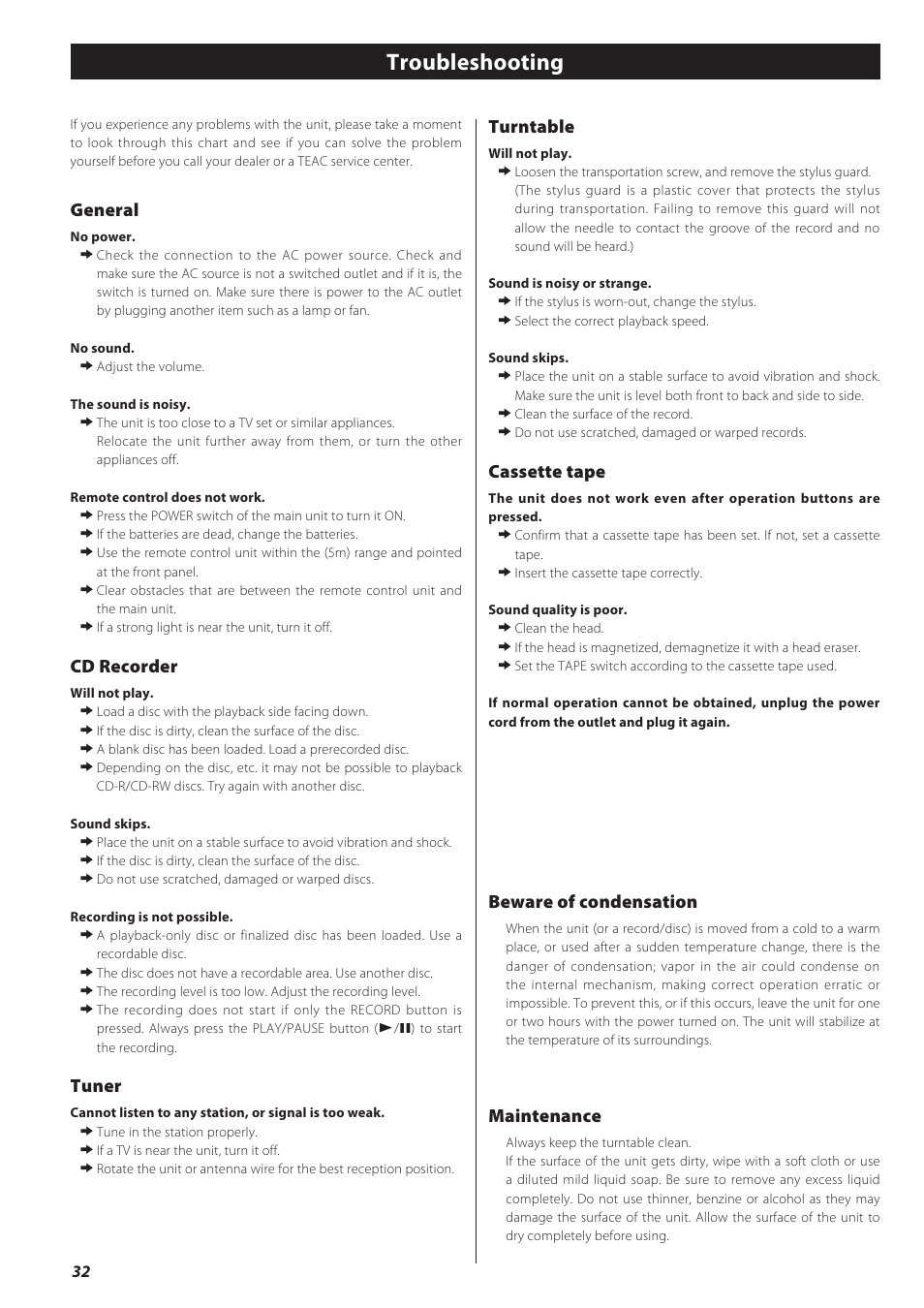 Troubleshooting, General, Cd recorder | Tuner, Turntable, Cassette tape, Beware of condensation, Maintenance | Teac GF-550 User Manual | Page 32 / 96