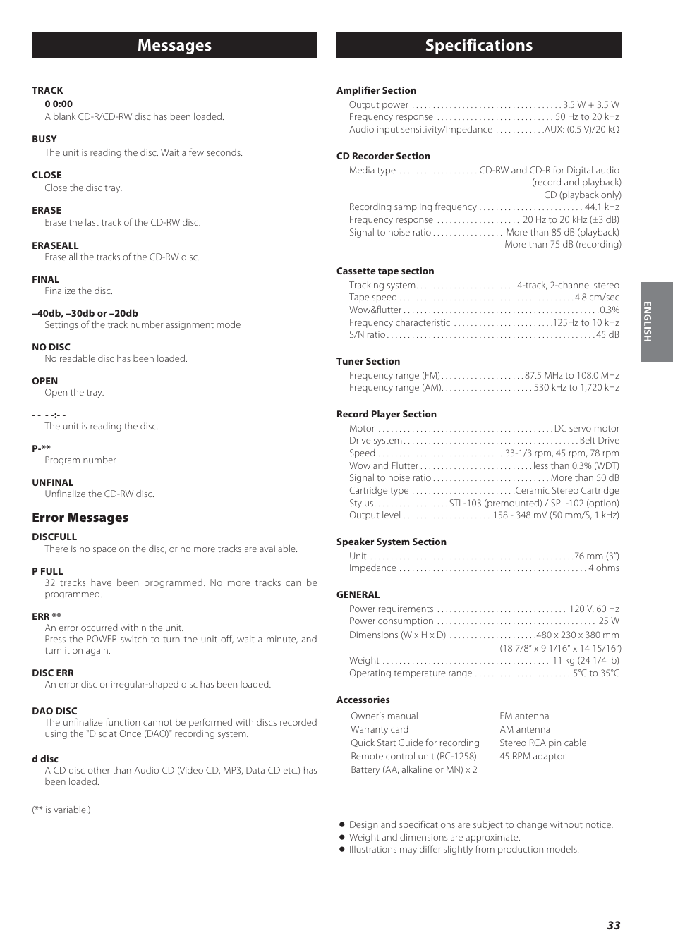 Messages, Specifications, Specifications messages | Error messages | Teac GF-550 User Manual | Page 33 / 96