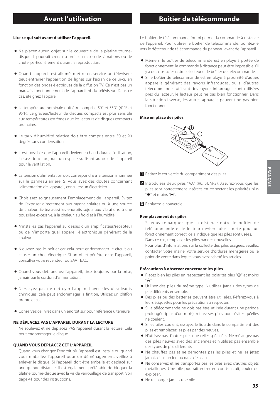Avant l’utilisation, Boîtier de télécommande | Teac GF-550 User Manual | Page 35 / 96