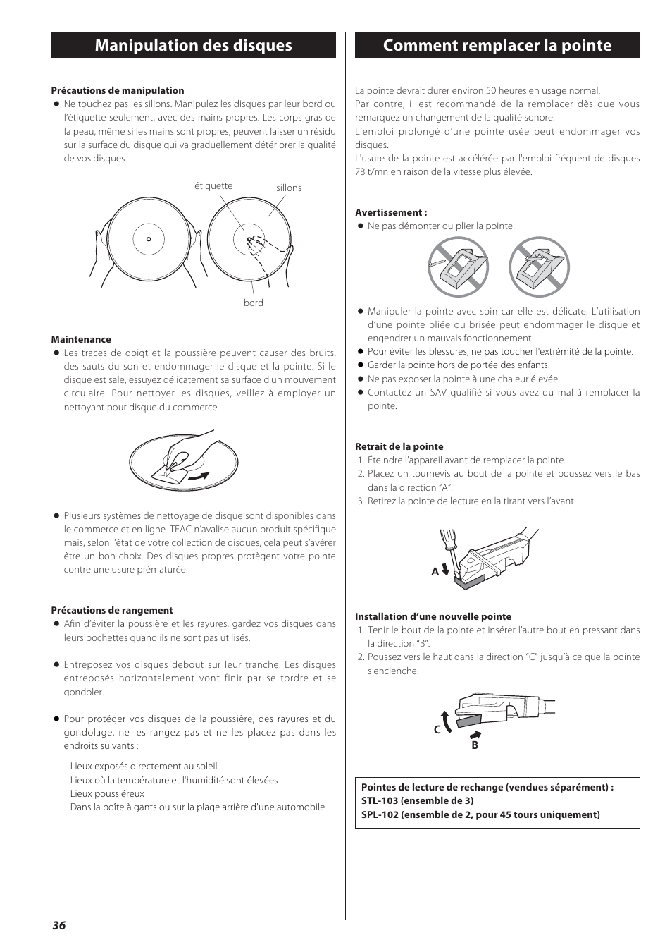 Manipulation des disques, Comment remplacer la pointe | Teac GF-550 User Manual | Page 36 / 96