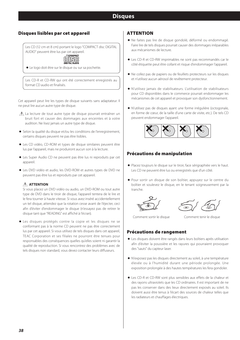 Disques, Disques lisibles par cet appareil, Attention | Précautions de manipulation, Précautions de rangement | Teac GF-550 User Manual | Page 38 / 96