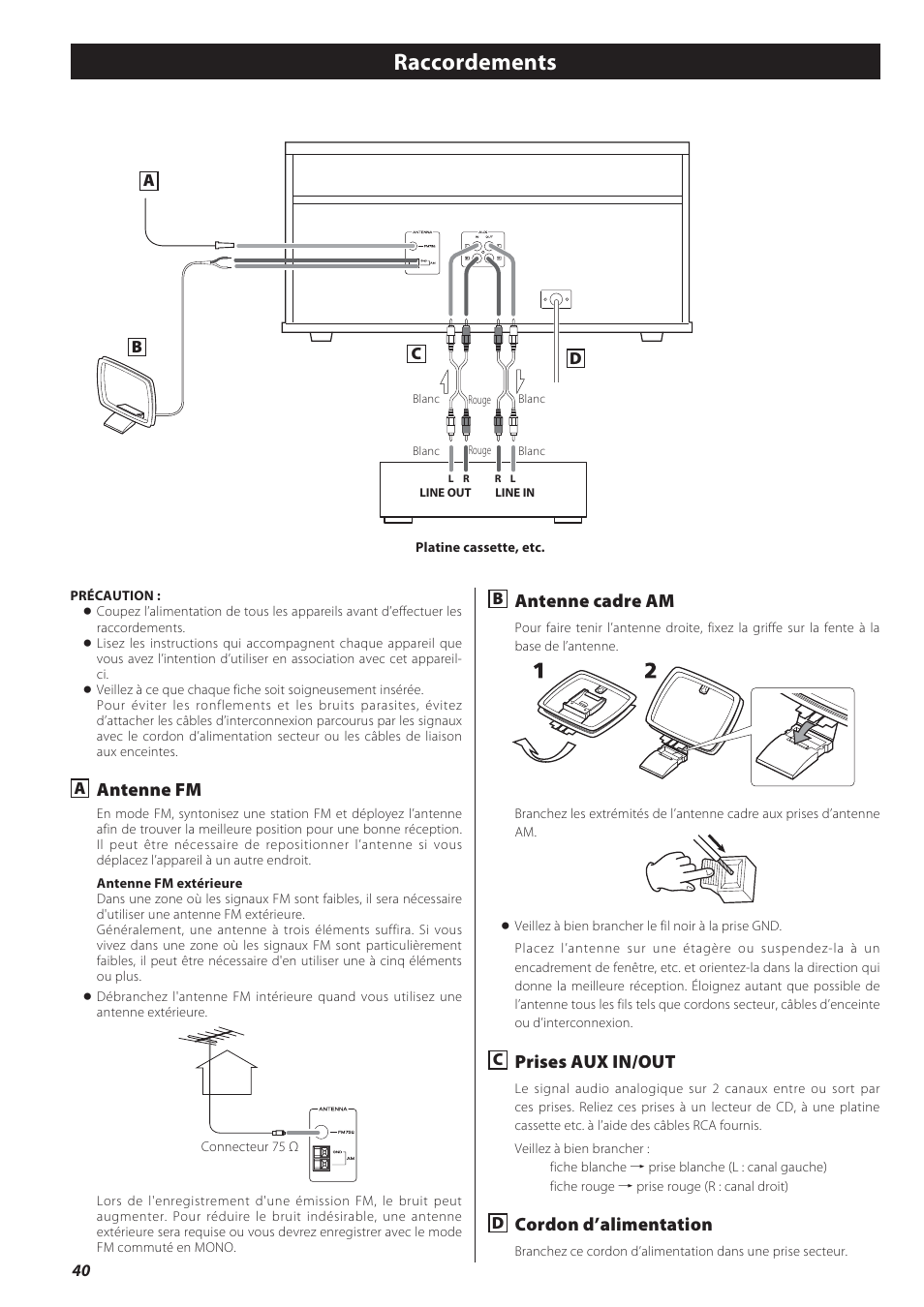 Raccordements, Antenne fm, Antenne cadre am | Prises aux in/out, Cordon d’alimentation | Teac GF-550 User Manual | Page 40 / 96
