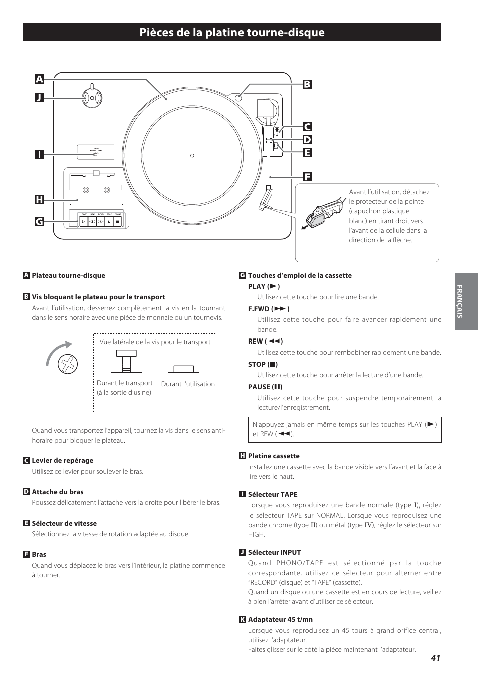 Pièces de la platine tourne-disque | Teac GF-550 User Manual | Page 41 / 96