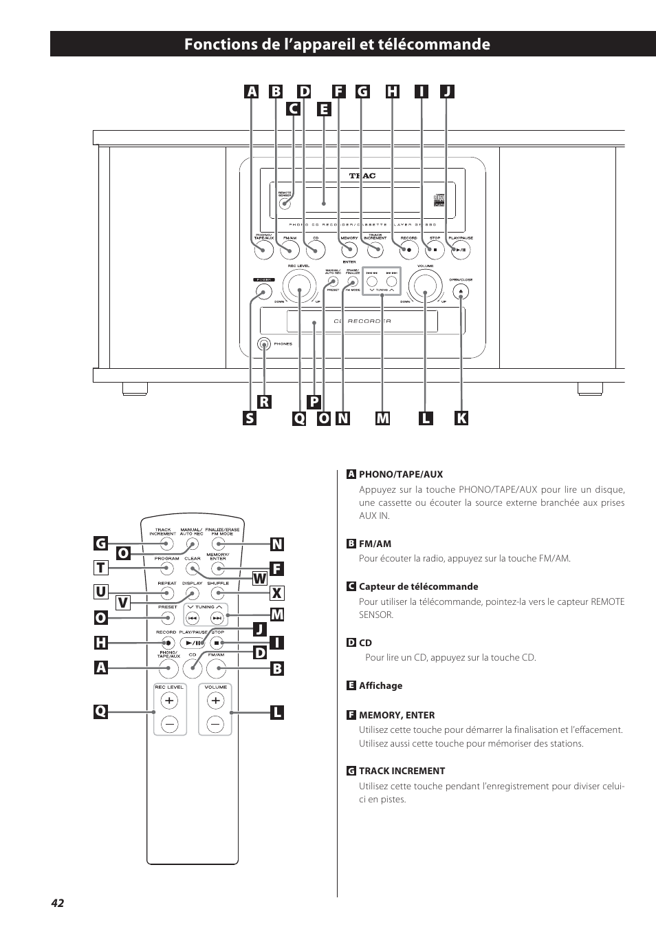 Fonctions de l’appareil et télécommande | Teac GF-550 User Manual | Page 42 / 96