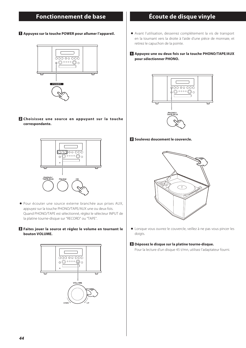 Fonctionnement de base, Écoute de disque vinyle, Fonctionnement de base écoute de disque vinyle | Teac GF-550 User Manual | Page 44 / 96