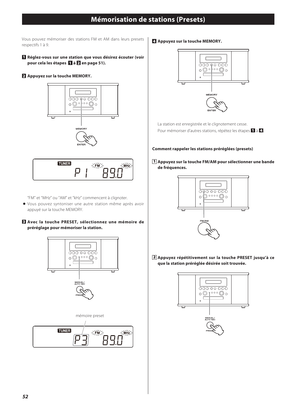 Mémorisation de stations (presets) | Teac GF-550 User Manual | Page 52 / 96