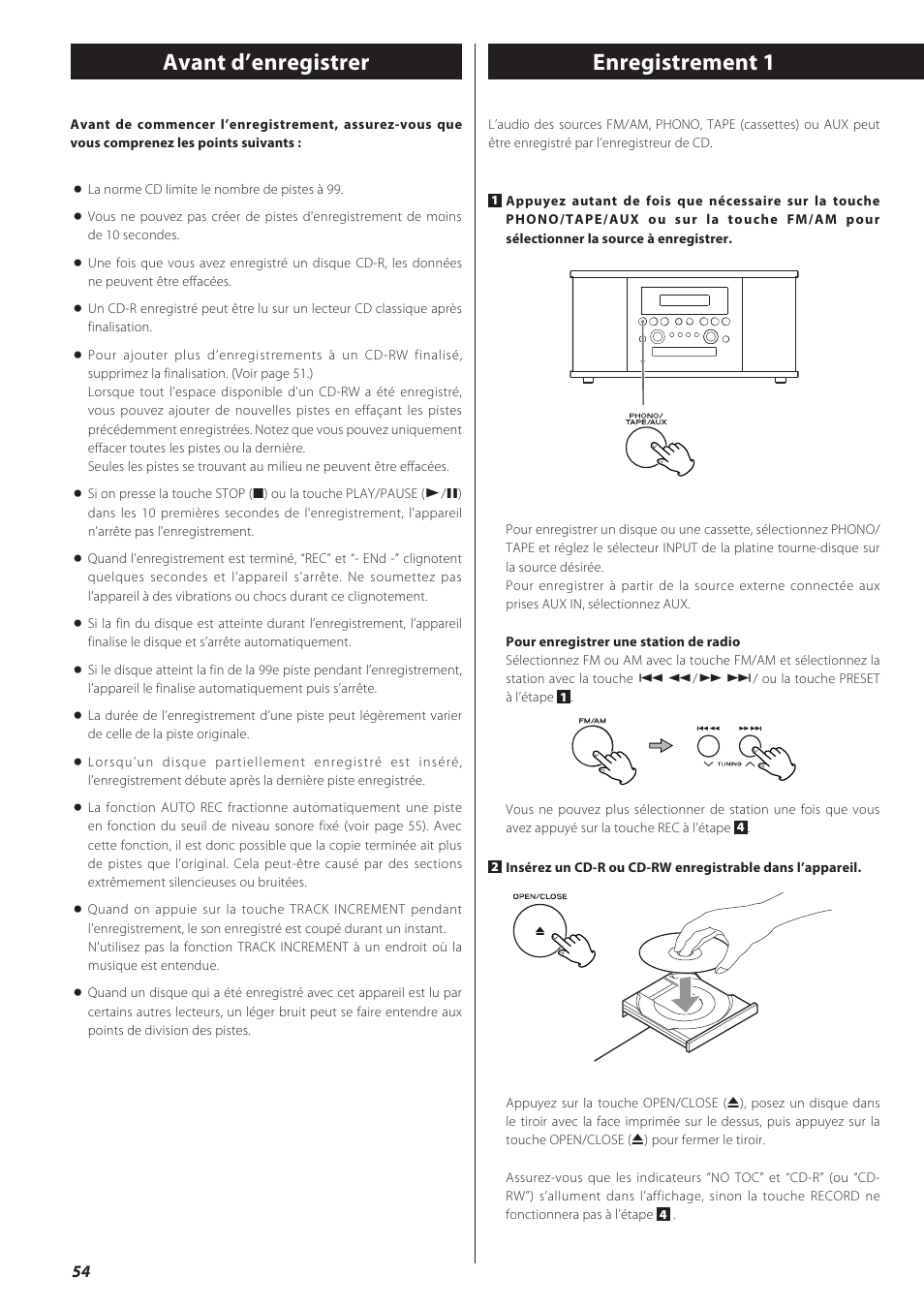 Avant d’enregistrer, Enregistrement, Enregistrement 1 | Teac GF-550 User Manual | Page 54 / 96