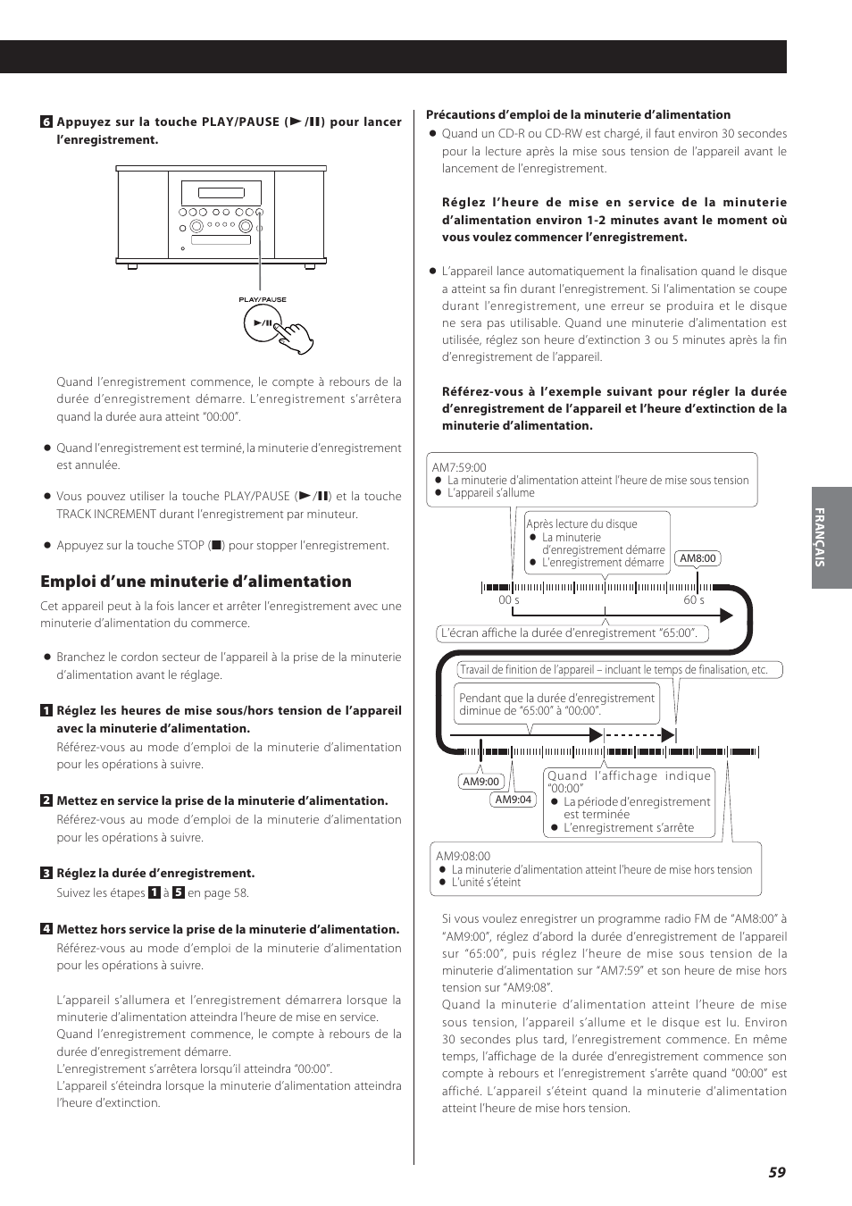 Emploi d’une minuterie d’alimentation | Teac GF-550 User Manual | Page 59 / 96