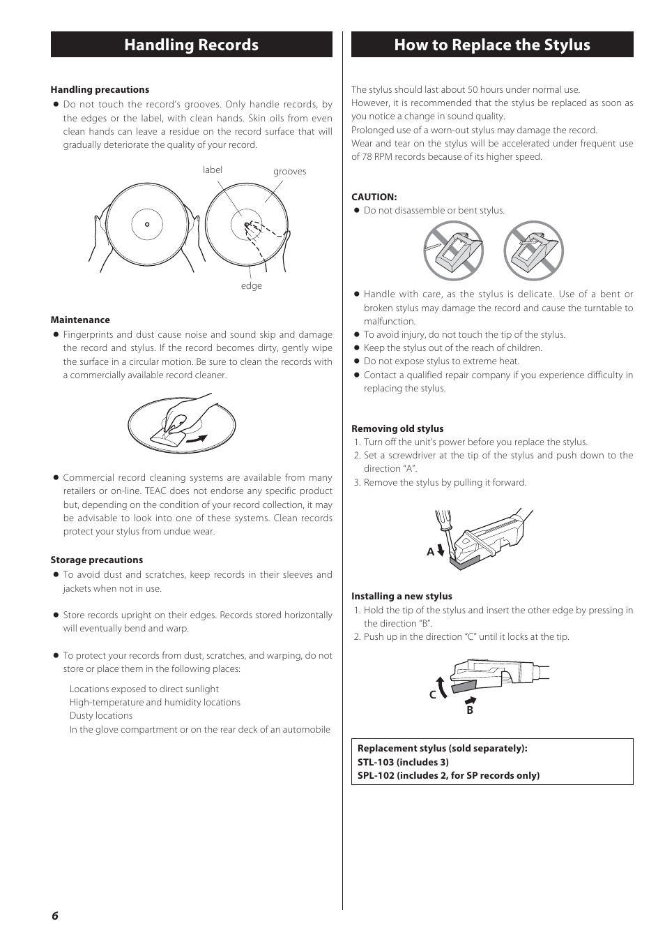 Handling records, How to replace the stylus | Teac GF-550 User Manual | Page 6 / 96