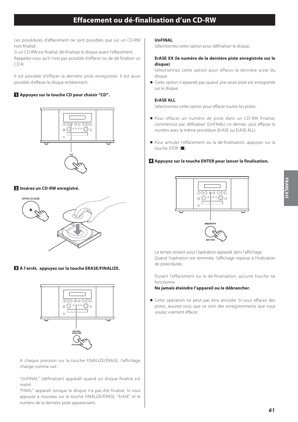 Effacement ou dé-finalisation d’un cd-rw | Teac GF-550 User Manual | Page 61 / 96