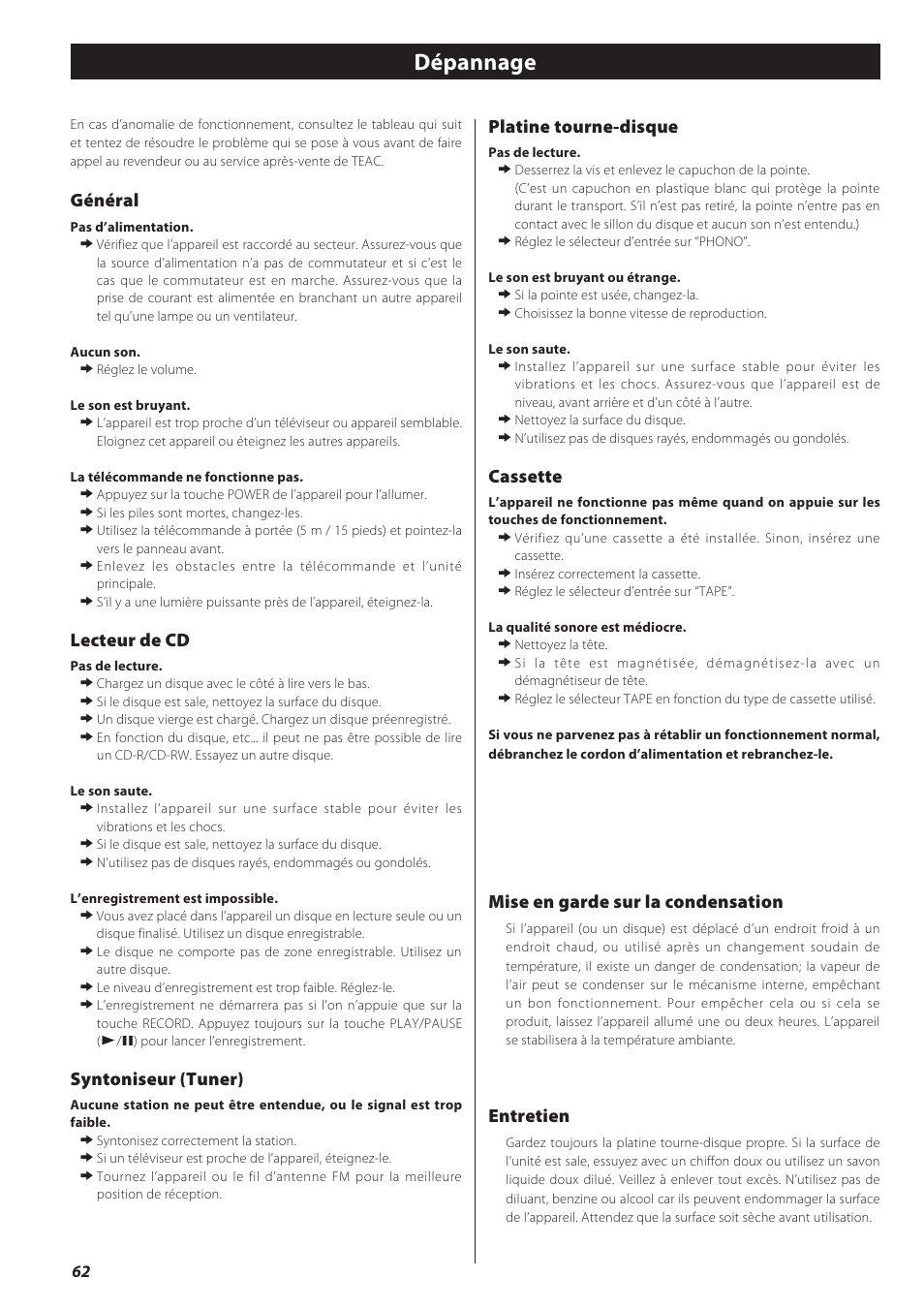 Dépannage, Général, Lecteur de cd | Syntoniseur (tuner), Platine tourne-disque, Cassette, Mise en garde sur la condensation, Entretien | Teac GF-550 User Manual | Page 62 / 96