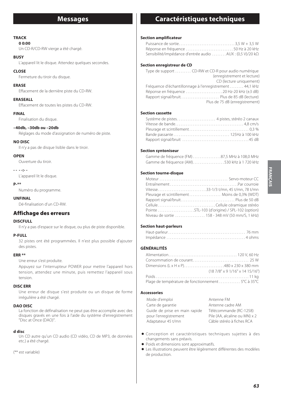 Messages, Caractéristiques techniques, Affichage des erreurs | Teac GF-550 User Manual | Page 63 / 96