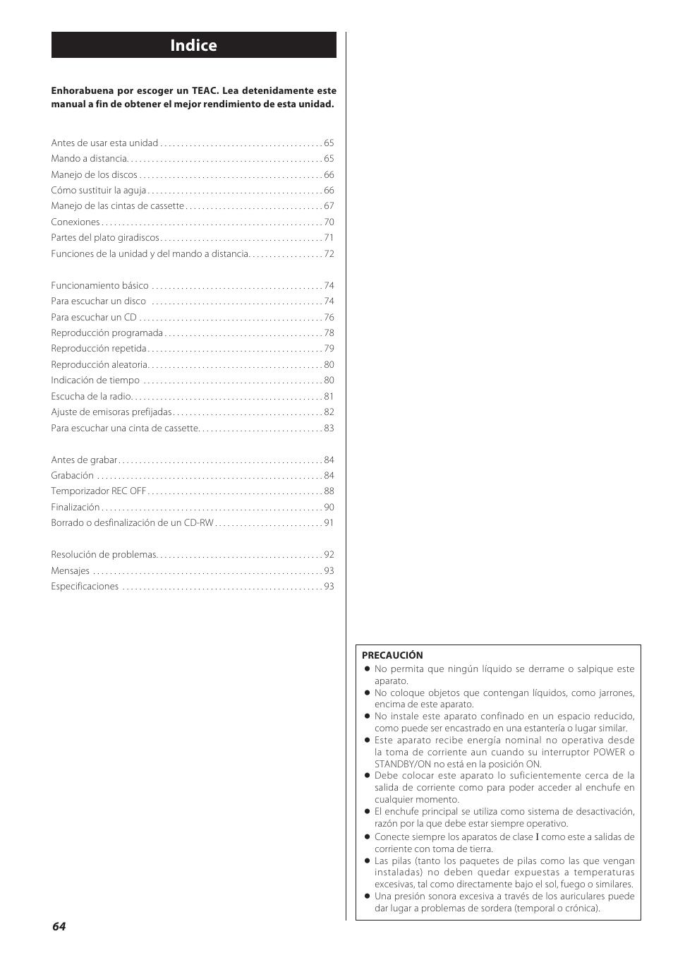 Indice | Teac GF-550 User Manual | Page 64 / 96