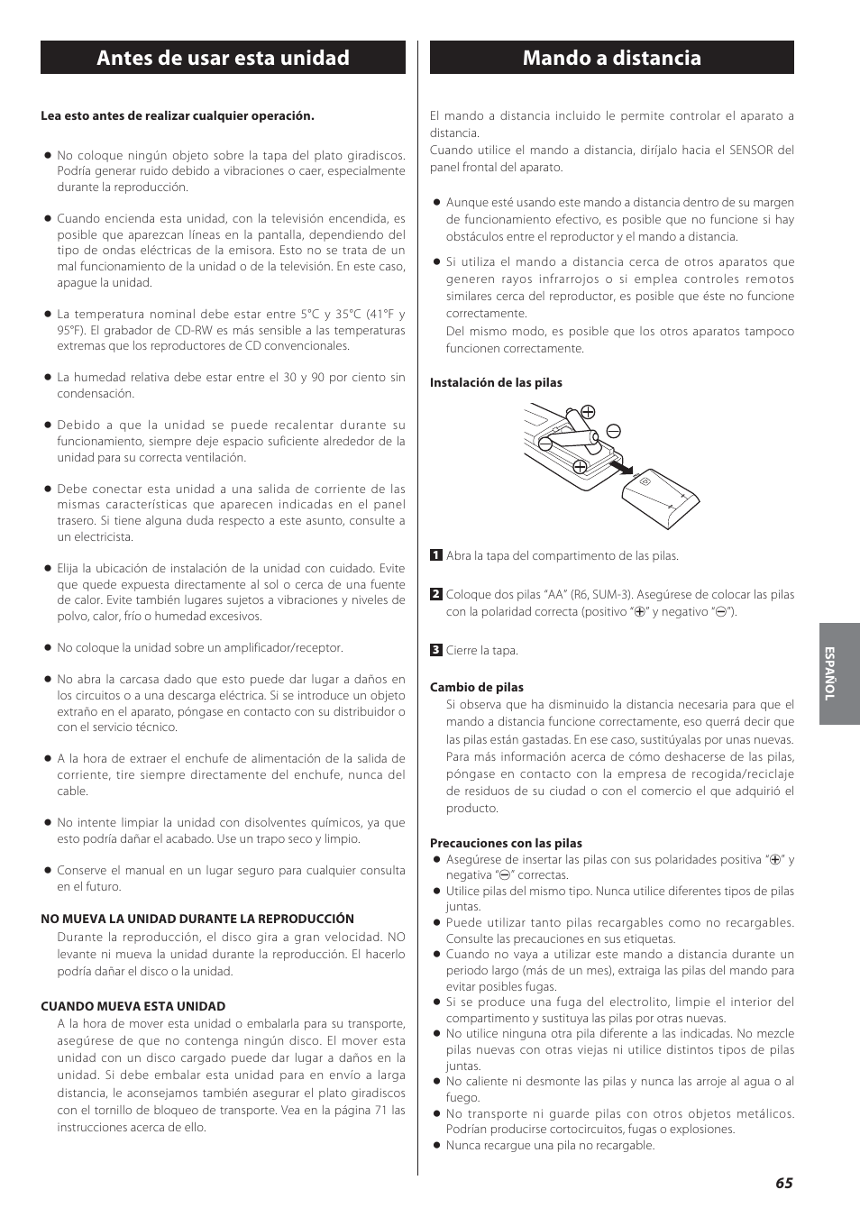 Antes de usar esta unidad, Mando a distancia | Teac GF-550 User Manual | Page 65 / 96
