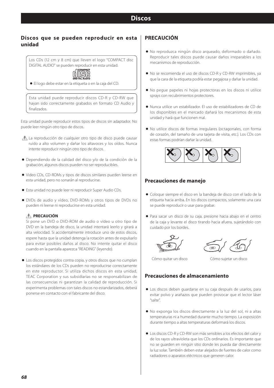 Discos, Discos que se pueden reproducir en esta unidad, Precaución | Precauciones de manejo, Precauciones de almacenamiento | Teac GF-550 User Manual | Page 68 / 96