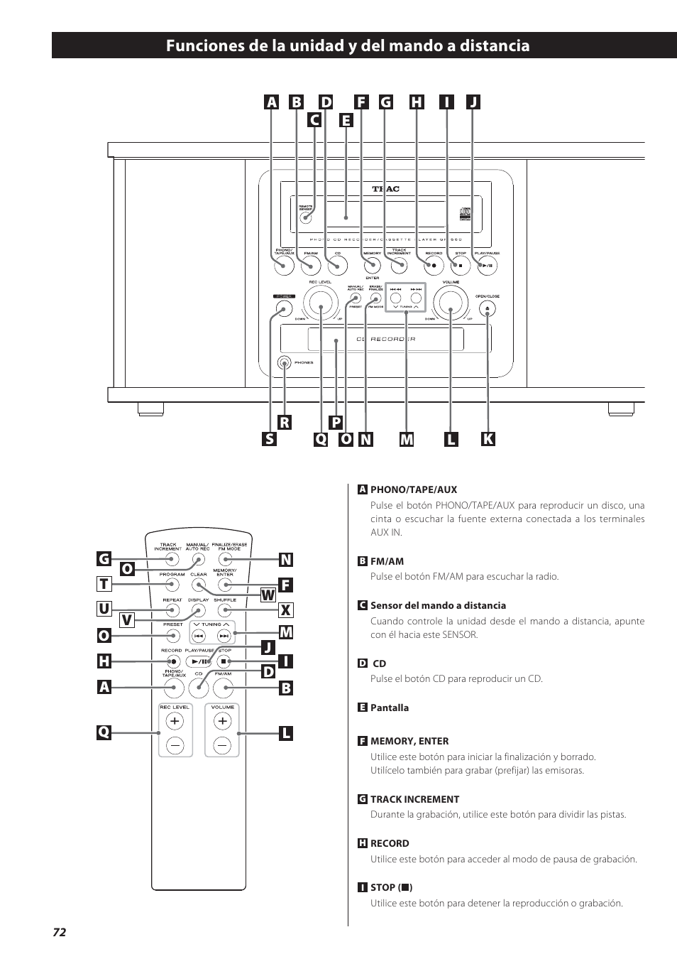 Funciones de la unidad y del mando a distancia | Teac GF-550 User Manual | Page 72 / 96