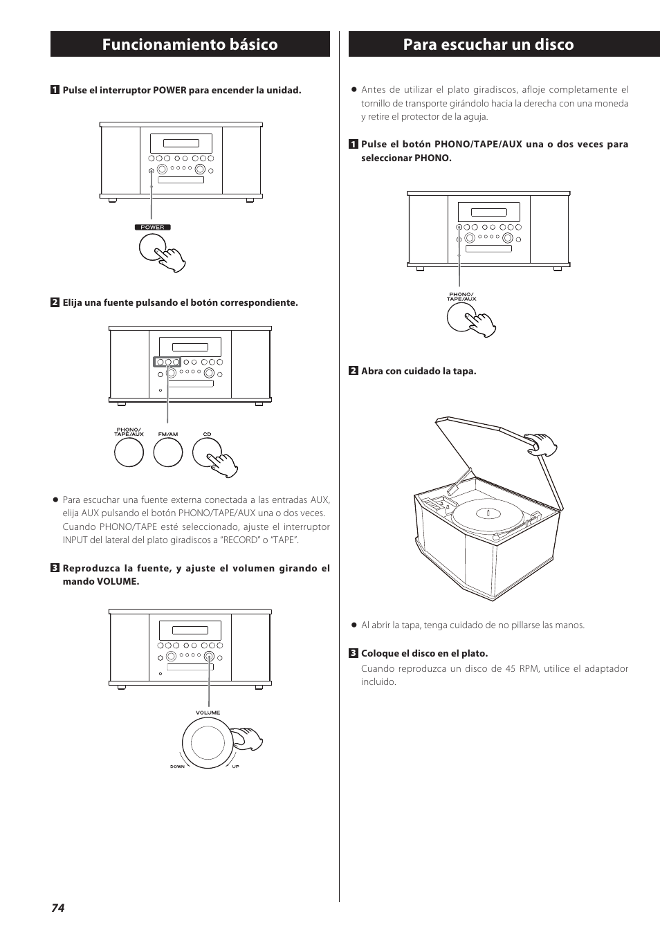 Funcionamiento básico, Para escuchar un disco, Funcionamiento básico para escuchar un disco | Teac GF-550 User Manual | Page 74 / 96