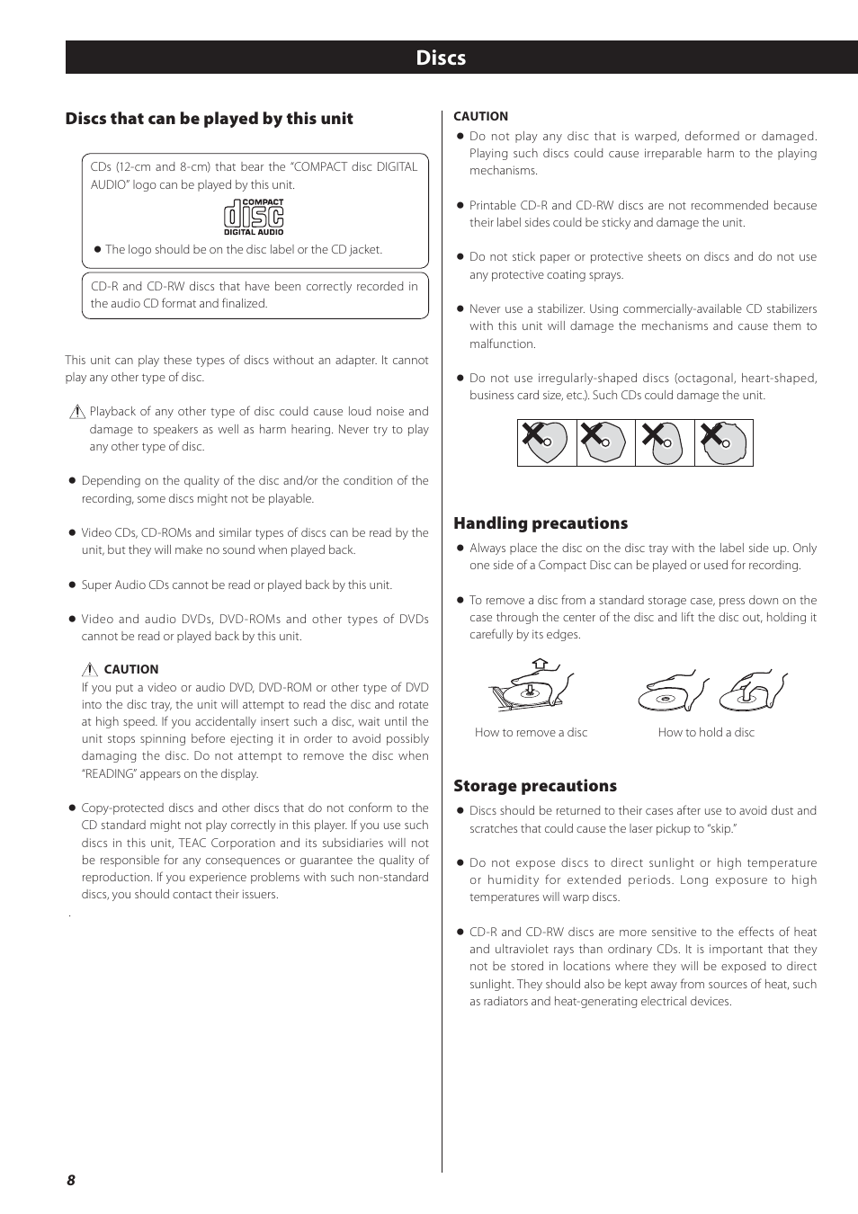 Discs, Discs that can be played by this unit, Handling precautions | Storage precautions | Teac GF-550 User Manual | Page 8 / 96