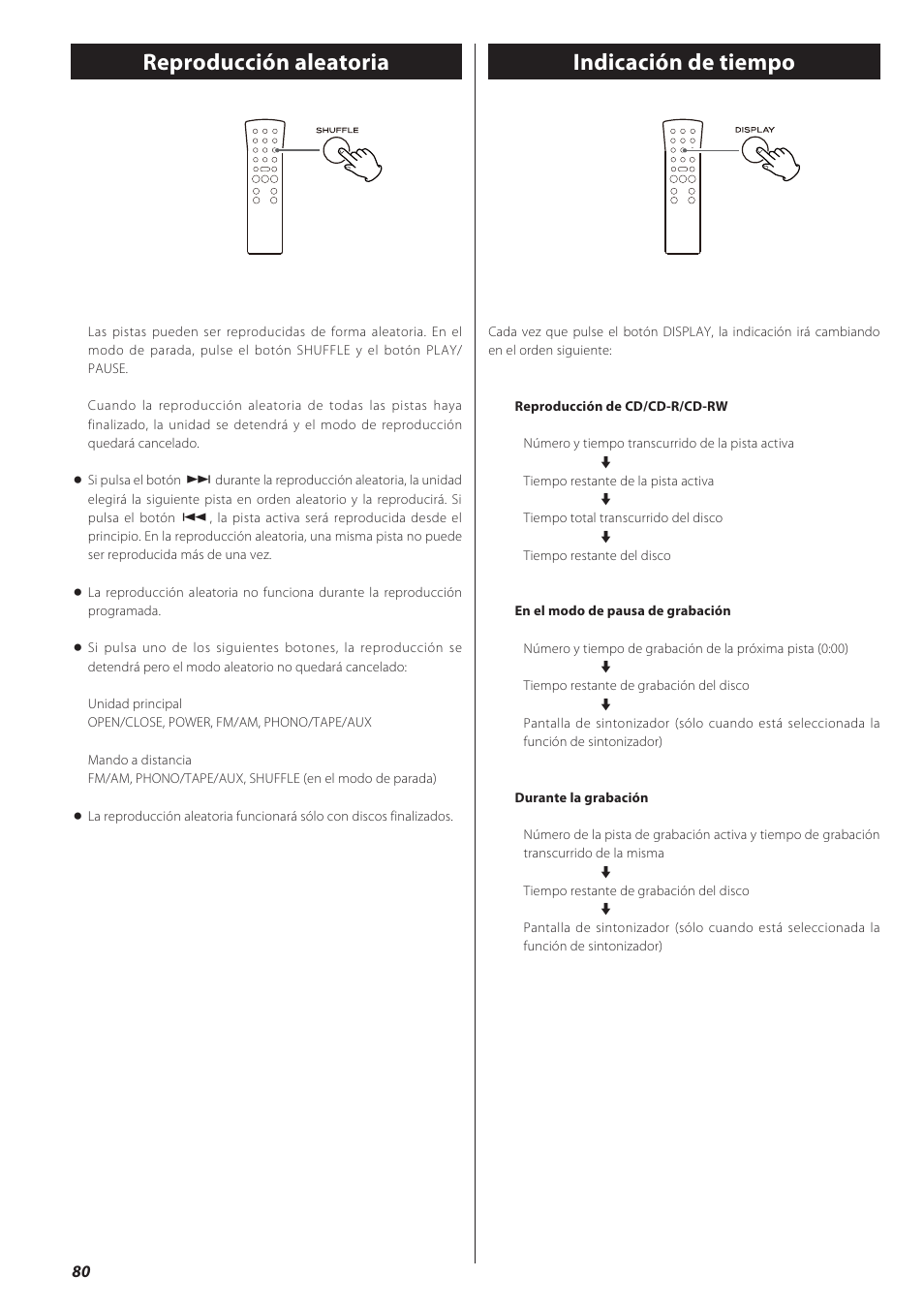 Reproducción aleatoria, Indicación de tiempo, Indicación de tiempo reproducción aleatoria | Teac GF-550 User Manual | Page 80 / 96