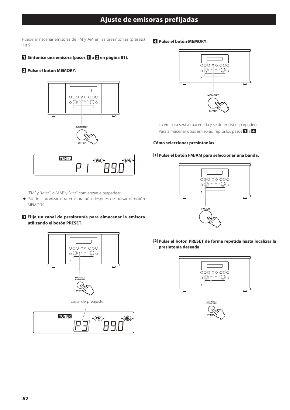 Ajuste de emisoras prefijadas | Teac GF-550 User Manual | Page 82 / 96