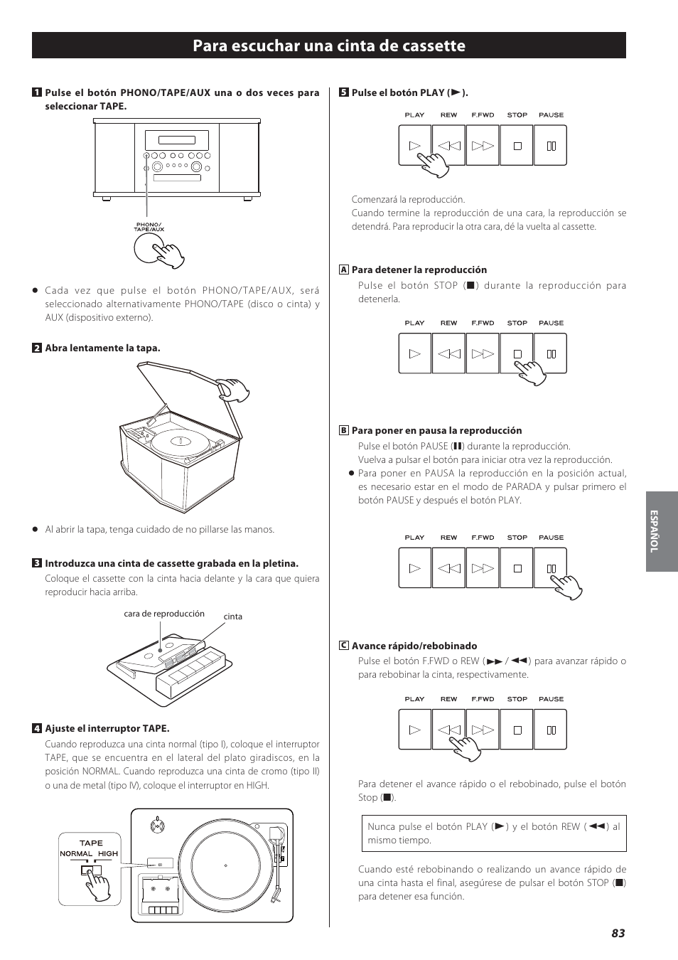 Para escuchar una cinta de cassette | Teac GF-550 User Manual | Page 83 / 96