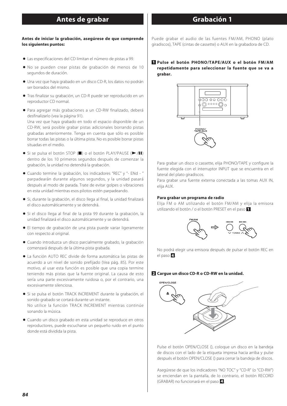 Antes de grabar, Grabación, Antes de grabar grabación 1 | Teac GF-550 User Manual | Page 84 / 96