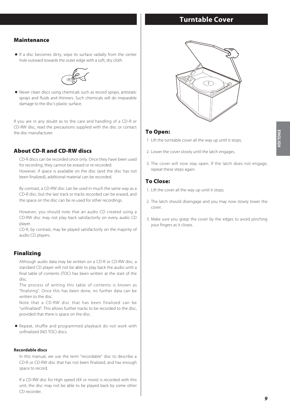 Turntable cover, Maintenance, About cd-r and cd-rw discs | Finalizing | Teac GF-550 User Manual | Page 9 / 96