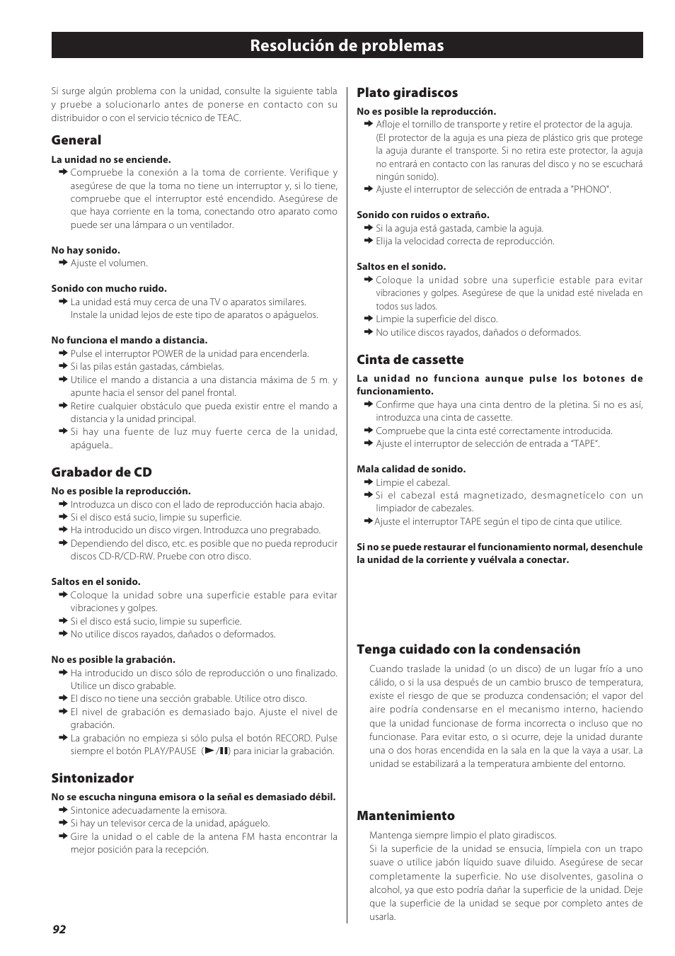 Resolución de problemas, General, Grabador de cd | Sintonizador, Plato giradiscos, Cinta de cassette, Tenga cuidado con la condensación, Mantenimiento | Teac GF-550 User Manual | Page 92 / 96