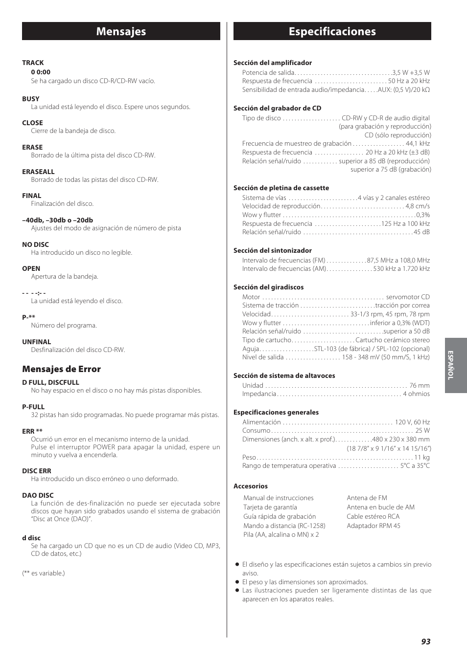 Mensajes, Especificaciones, Especificaciones mensajes | Mensajes de error | Teac GF-550 User Manual | Page 93 / 96