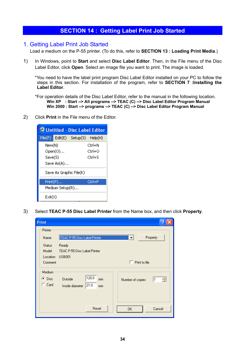 Getting label print job started | MF Digital Teaс P-55 User Manual | Page 34 / 58