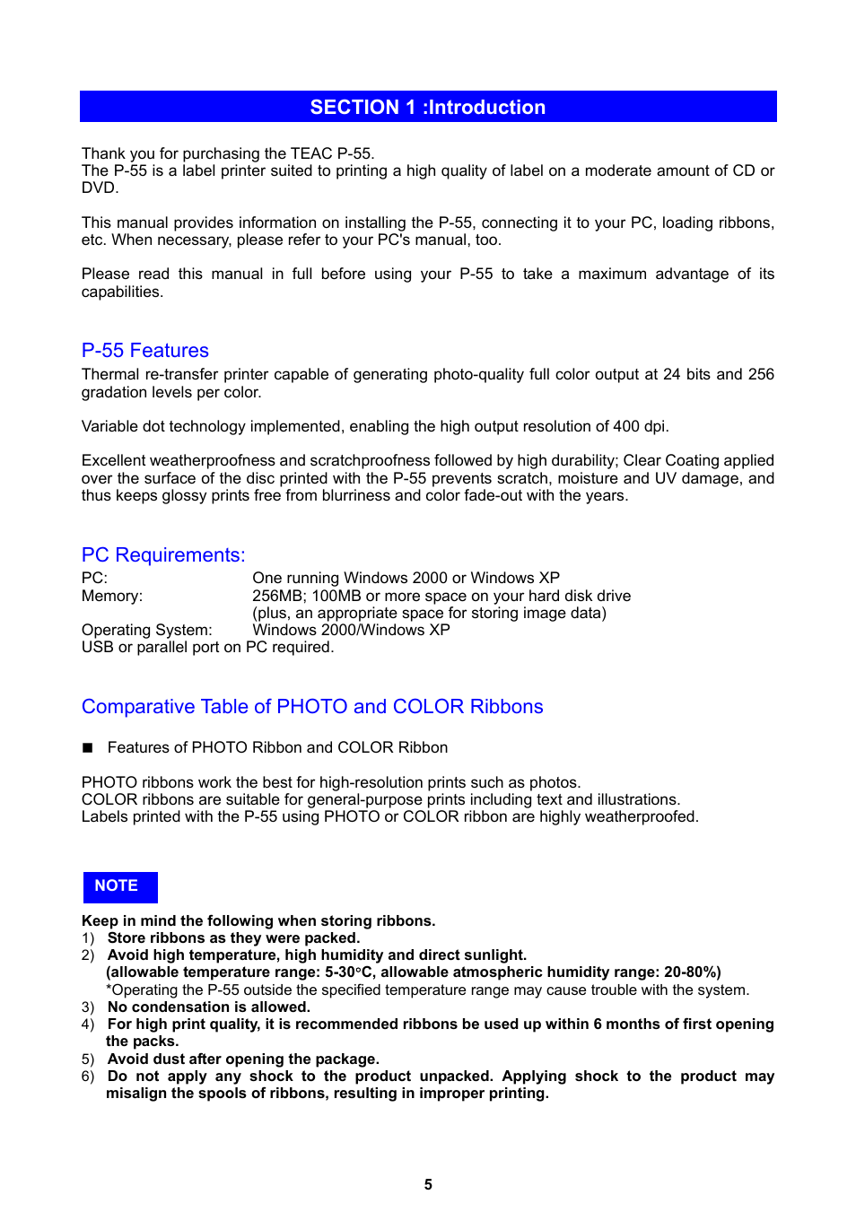 P-55 features, Pc requirements, Comparative table of photo and color ribbons | MF Digital Teaс P-55 User Manual | Page 5 / 58