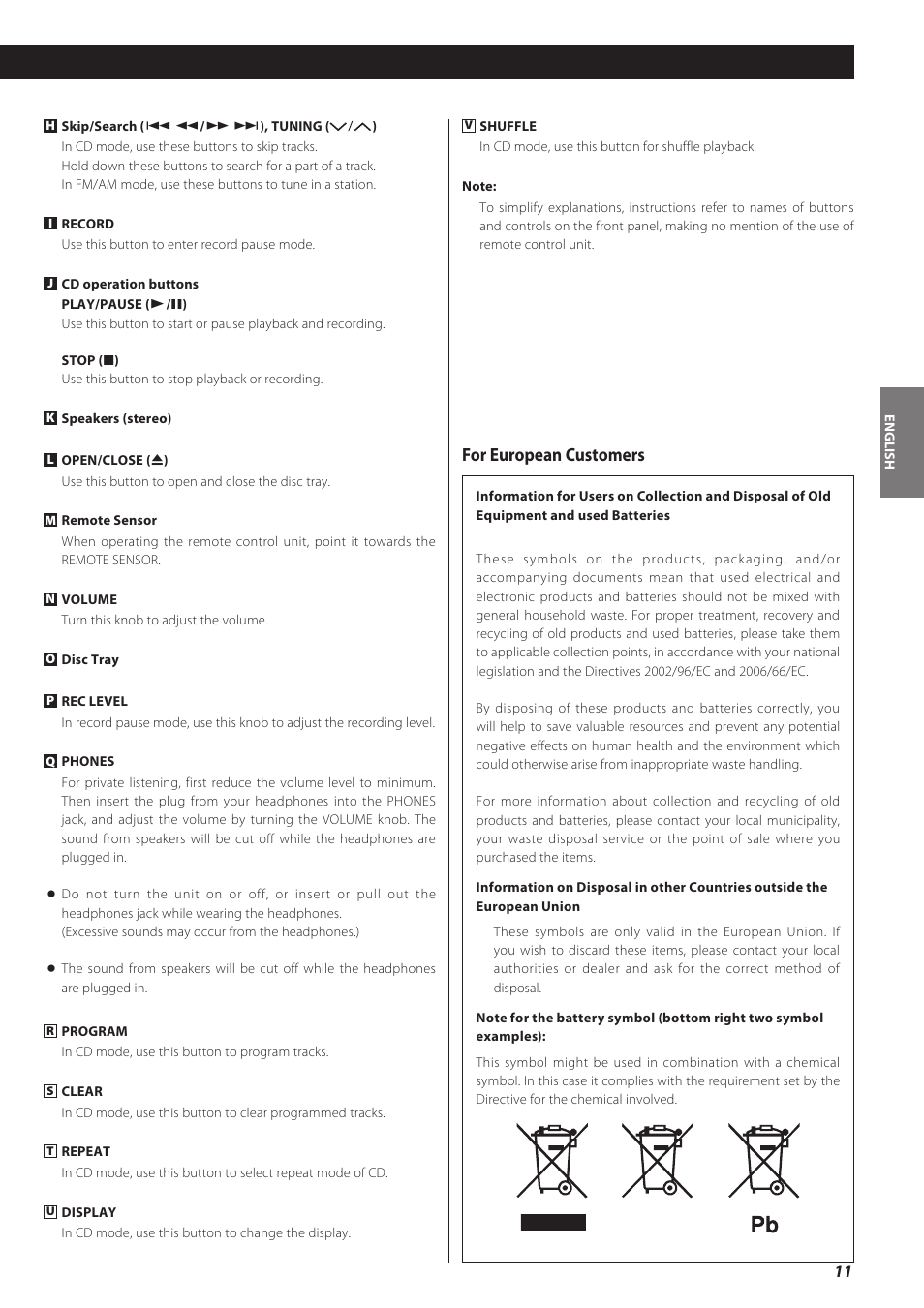 For european customers | Teac LPR500 User Manual | Page 11 / 96