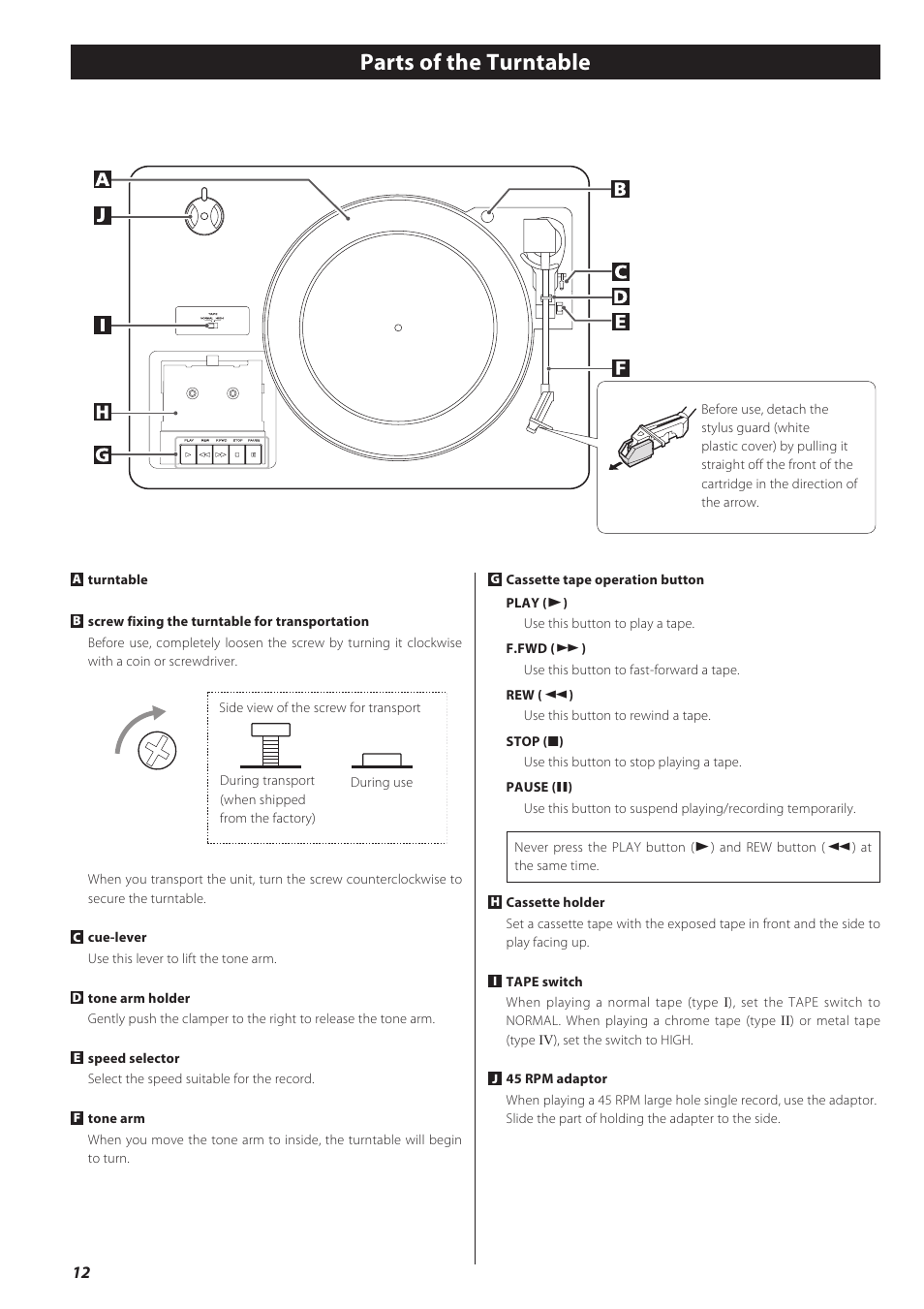 Parts of the turntable | Teac LPR500 User Manual | Page 12 / 96