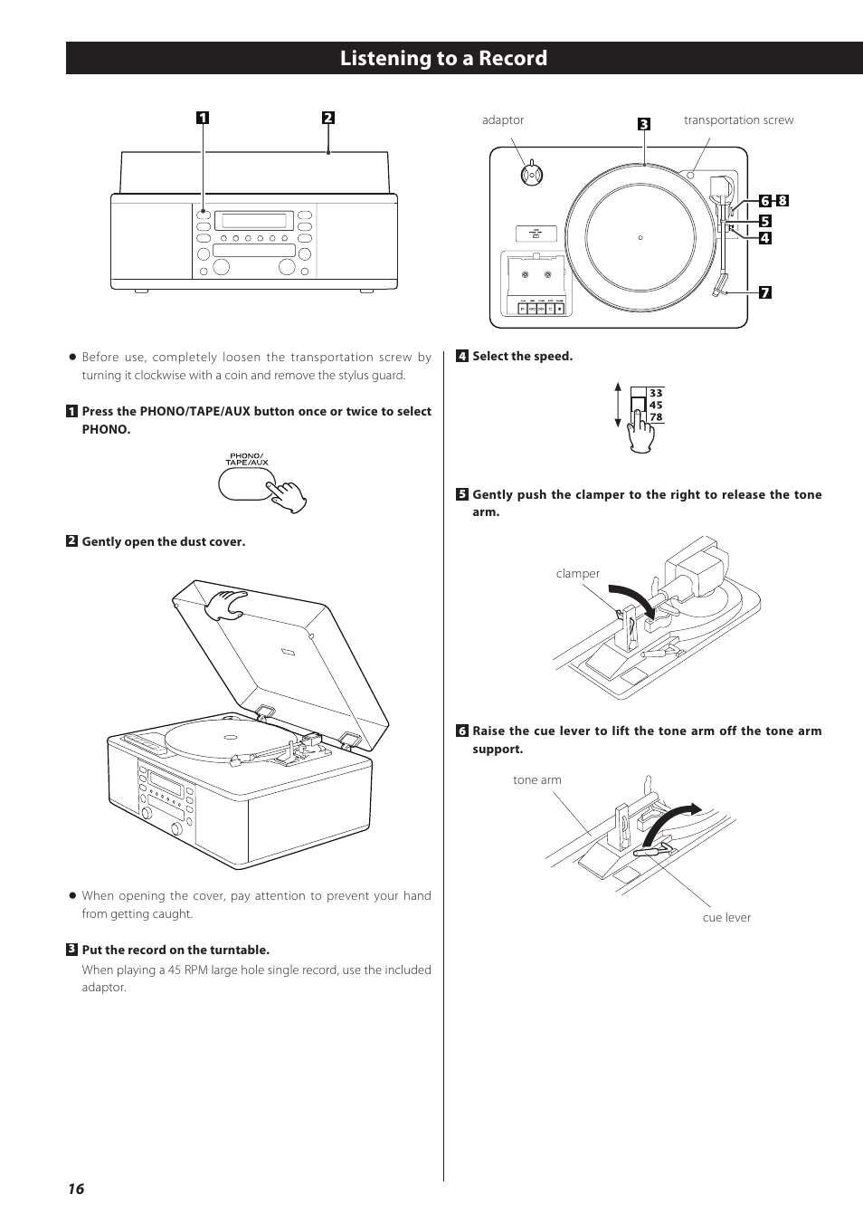 Listening to a record | Teac LPR500 User Manual | Page 16 / 96