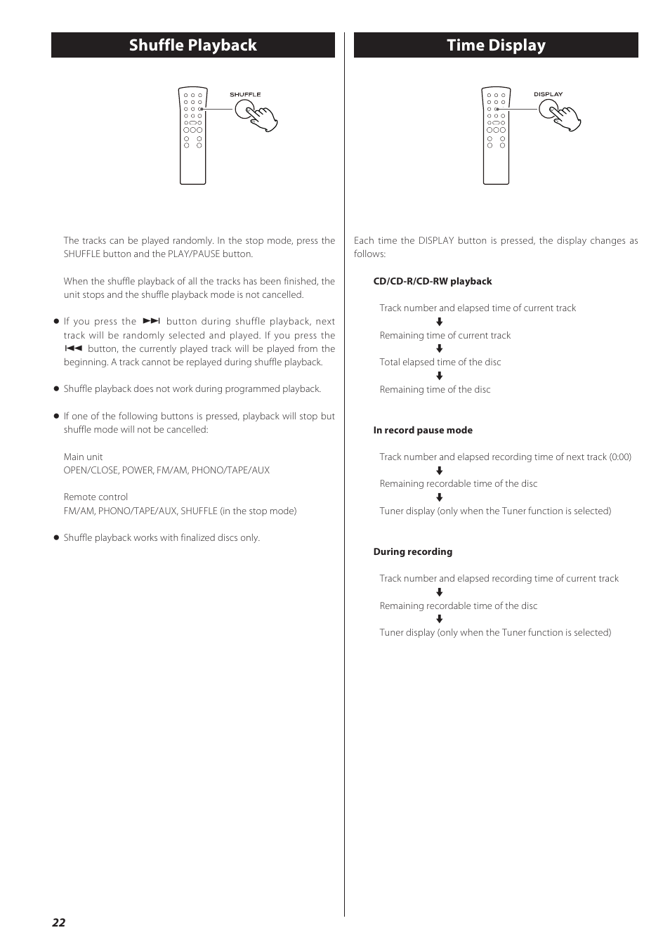 Shuffle playback, Time display, Time display shuffle playback | Teac LPR500 User Manual | Page 22 / 96