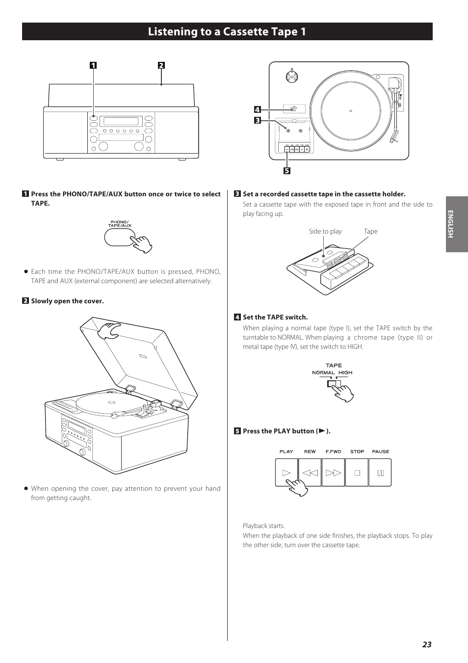 Listening to a cassette tape, Listening to a cassette tape 1 | Teac LPR500 User Manual | Page 23 / 96