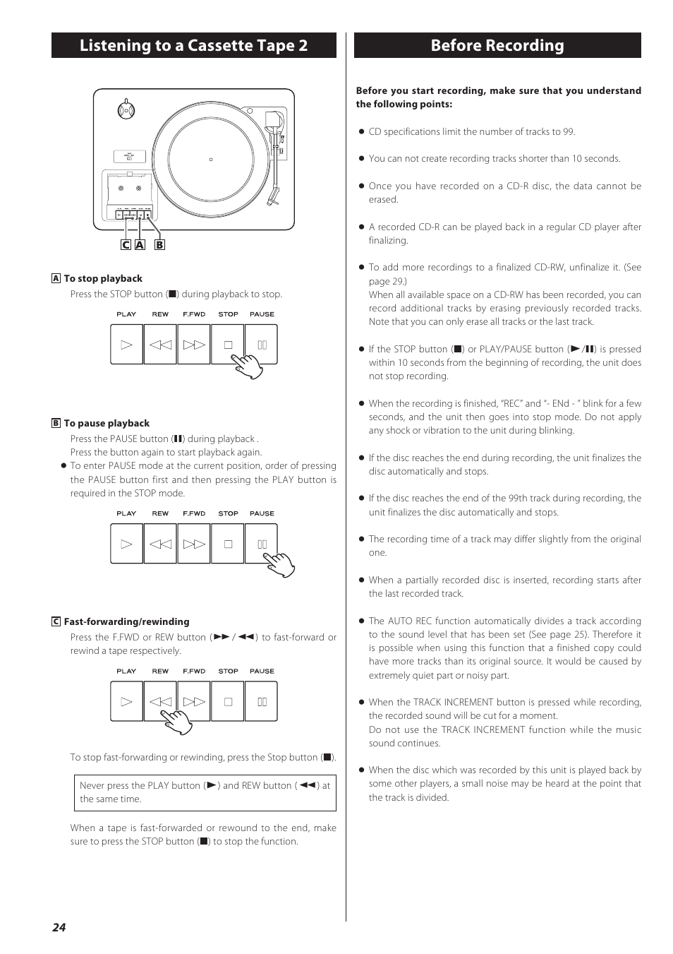 Before recording, Listening to a cassette tape 2 | Teac LPR500 User Manual | Page 24 / 96