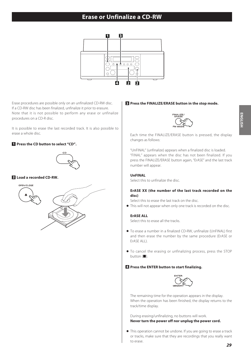 Erase or unfinalize a cd-rw | Teac LPR500 User Manual | Page 29 / 96