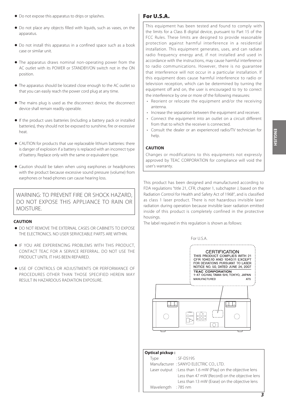 For u.s.a | Teac LPR500 User Manual | Page 3 / 96